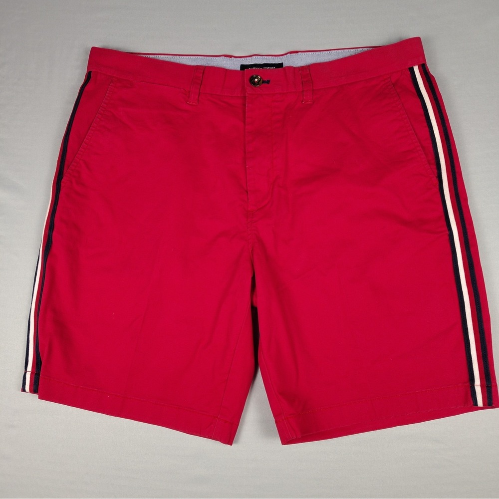 Tommy Hilfiger Mens Red Chino Shorts Size 36 Side Stripe Preppy Cotton Blend
